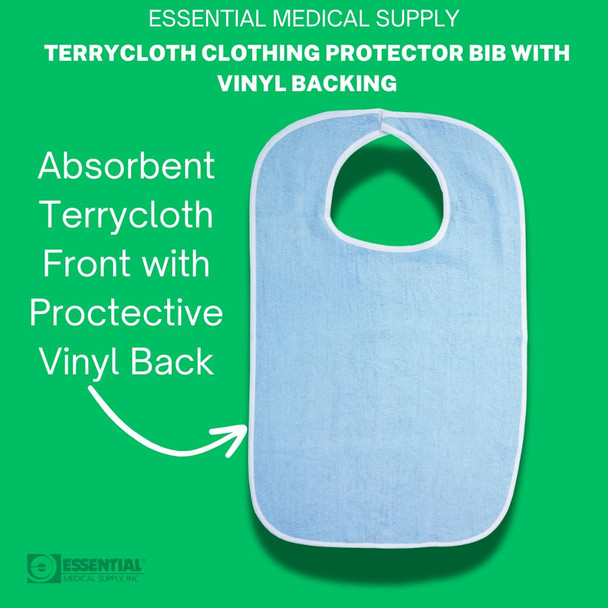 Essential Medical Supply Reusable Clothing Protector and Bib - Terrycloth Front and Waterproof Back for Continual Use, Machine Washable, Blue, 18 Inch X 30 Inch