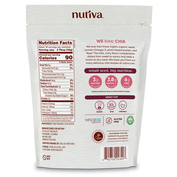 Nutiva Organic Premium Raw Ground Chia Seeds, 12 Ounce, USDA Organic, Non-GMO, Whole 30 Approved, Vegan, Gluten-Free & Keto, Nutrient-Dense Seeds with 3g Plant Protein & 5g Fiber for Salads, Yogurt & Smoothies