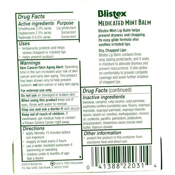 Blistex Medicated Lip Balm Protectant/Sunscreen SPF 15 Mint, 0.15 OZ