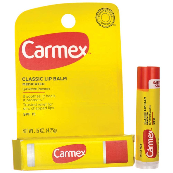 Carmex Classic Lip Balm, Lip Protectant Sunscreen SPF 15, 0.15 oz (Pack of 12)