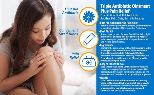 Globe Triple Antibiotic + Pain Relief Dual Action Ointment 1oz | First Aid Antibiotic | Soothes Pain, Cuts, Burns and Scrapes | 24 Hour Infection Protection (1 Tube)