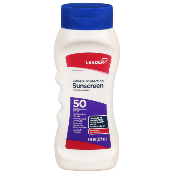 LEADER Sunscreen General Protection Moisturizing Lotion, Broad Spectrum, SPF 50, Water Resistant (80 mins), Reef Friendly Formula, Octinoxate, Oxybenzone & Paraben-Free, Family Friendly, 8 Fl oz