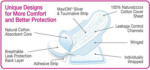 MaxION® Natural Cotton Ultra Thin Sanitary Pads with Wings, 10 Count | Daytime Regular Absorbency Pads with Silver Ion & Tourmaline Odor Protection, Unscented Trifold-Wrapped Breathable Period Napkins