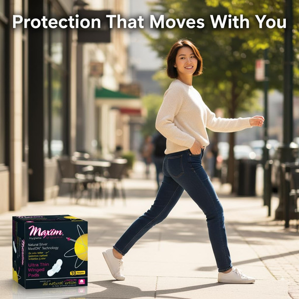 MaxION® Natural Cotton Ultra Thin Sanitary Pads with Wings, 10 Count | Daytime Regular Absorbency Pads with Silver Ion & Tourmaline Odor Protection, Unscented Trifold-Wrapped Breathable Period Napkins