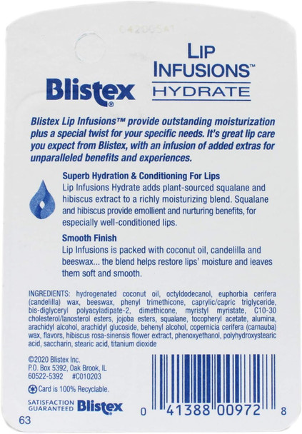 Blistex Lip Infusions Hydrate Lip Balm Lip Protectant Lip Moisturizer with Smooth Finish 0.13 Ounce
