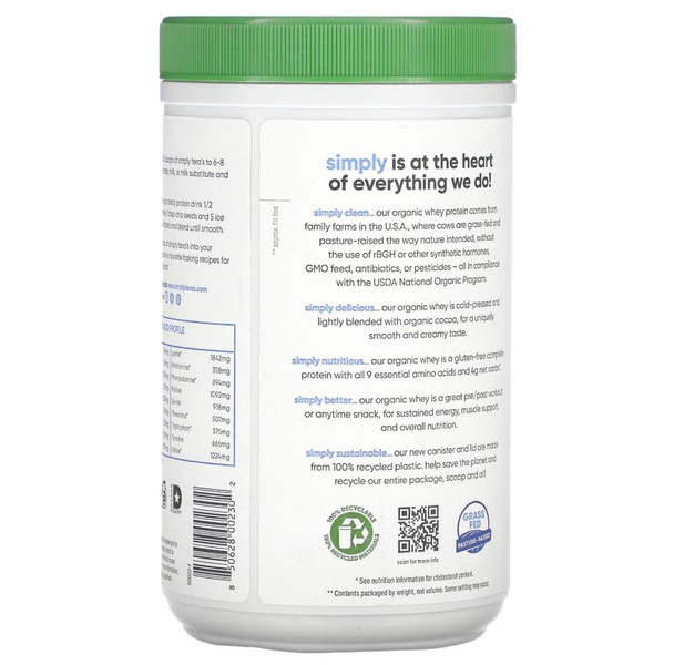 Simply tera's Organic Whey Protein Powder - Grass Fed Whey Protein Powder Without Artificial Sweeteners, Clean, Non-GMO, Gluten-Free - Dark Chocolate, 12 Oz