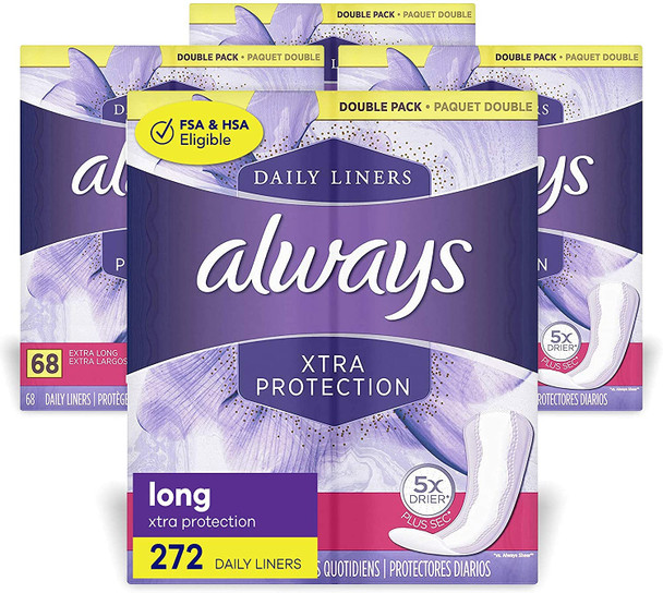 Always Daily Extra Protect Liners, Extra Long Length, Unscented Panty Liners, 272 (4 Packs of 68)