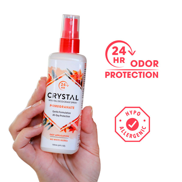 CRYSTAL Mineral Deodorant Spray- Body Deodorant With 24-Hour Odor Protection, Non-Staining Pomegranate Spray, Aluminium Chloride & Paraben Free, 4 FL OZ