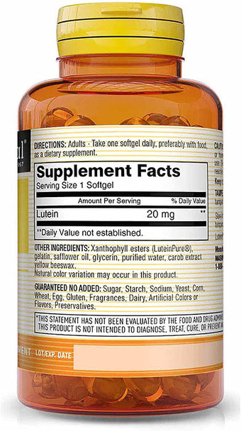MASON NATURAL Lutein 20 mg with Vitamin E - Healthy Vision and Eye Function, Supports Eye Health, 30 Softgels
