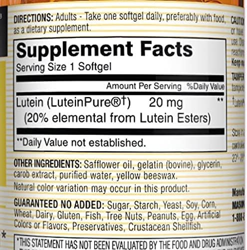 MASON NATURAL Lutein 20 mg with Vitamin E - Healthy Vision and Eye Function, Supports Eye Health, 30 Softgels