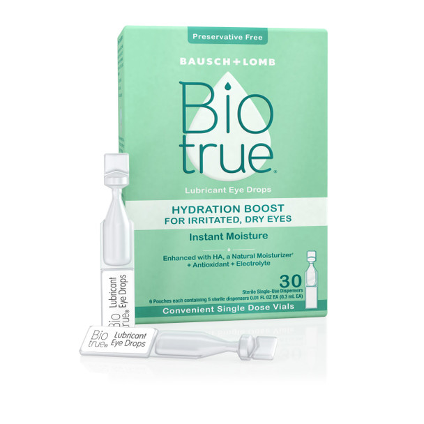 Biotrue Hydration Boost, Preservative-Free Eye Drops for Dry Eyes, Instantly Moisturizes, Rehydrates, Contact Lens Friendly, Refresh & Relieve Eye Irritation, 30 Single-Use Vials (Pack of 1 )