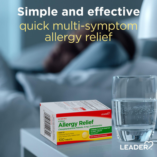 Leader 4 Hour Allergy Relief, Chlorpheniramine Maleate 4 mg Tablets, Fast-Acting Relief for Sneezing, Runny Nose, Itchy Eyes, Allergies, 100 Tablets
