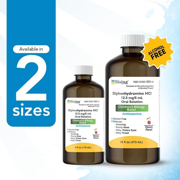 Rising Health - Allergy Relief Liquid Medicine with Diphenhydramine HCl 12.5mg/5ml - Kids' Allergy Syrup for Symptoms Like Runny Nose, Itchy Eyes & More - Cherry Flavor - 16 fl. oz