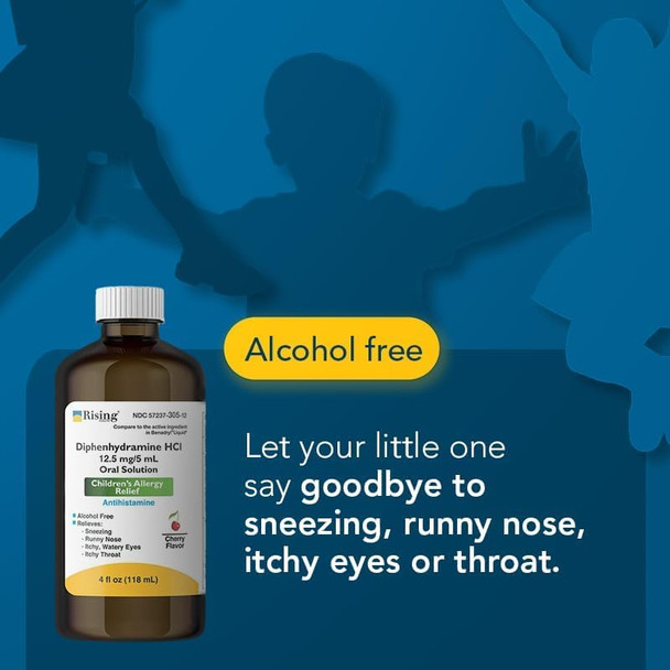 Rising Health - Allergy Relief Liquid Medicine with Diphenhydramine HCl 12.5mg/5ml - Kids' Allergy Syrup for Symptoms Like Runny Nose, Itchy Eyes & More - Cherry Flavor - 16 fl. oz