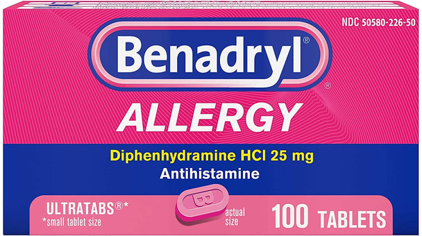 Benadryl Ultratabs Allergy Medicine, 25 mg Diphenhydramine HCl Antihistamine Tablets For Cold & Allergy Relief of Symptoms Like Sneezing, Runny Nose, Itchy Eyes & Throat, Hay Fever, 100 Count Tablets