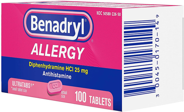 Benadryl Ultratabs Allergy Medicine, 25 mg Diphenhydramine HCl Antihistamine Tablets For Cold & Allergy Relief of Symptoms Like Sneezing, Runny Nose, Itchy Eyes & Throat, Hay Fever, 100 Count Tablets