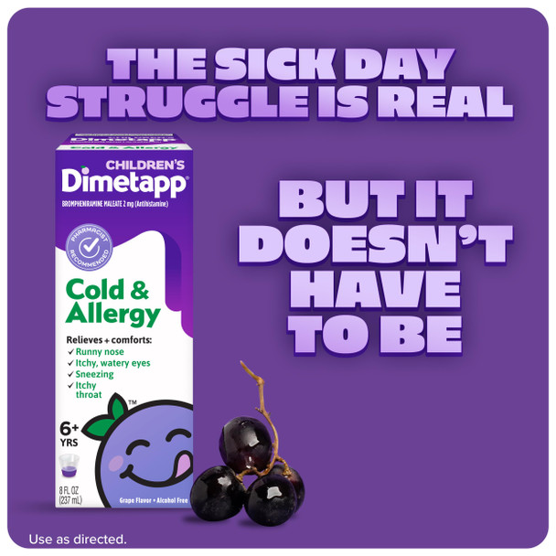 Childrens Dimetapp Cold & Allergy Liquid, Antihistamine Multi-Symptom Relief for Runny Nose, Sneezing, Itchy Throat & Watery Eyes, Grape Flavor, Phenylephrine-Free Cold Medicine, 8 fl oz