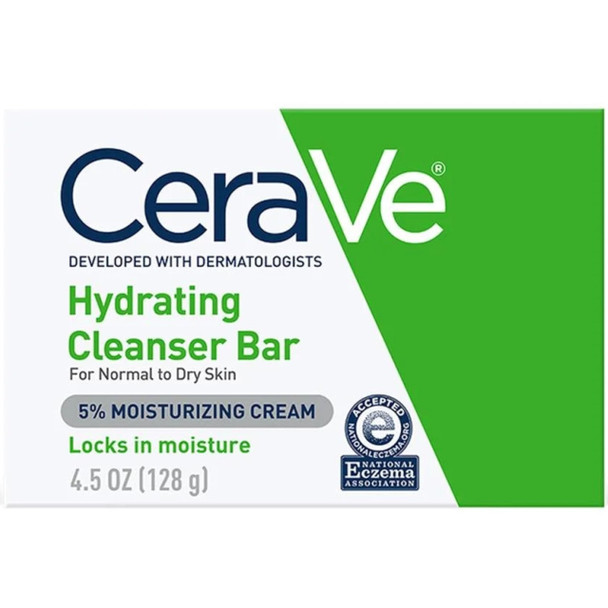CeraVe Hydrating Cleanser Bar, Soap-Free Body and Facial Cleanser with 5% Cerave Moisturizing Cream, Fragrance-Free, 2-Pack, 4.5 Ounce Each