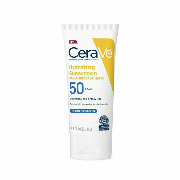 CeraVe Hydrating Mineral Facial Sunscreen Lotion Lightweight SPF50 2.5 oz 3 Pack