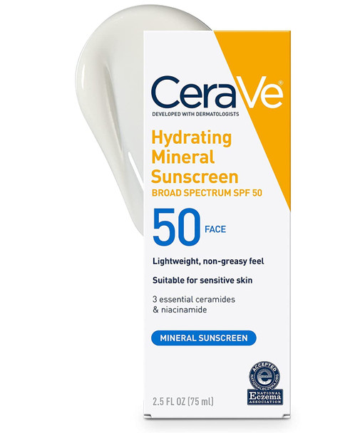 CeraVe 100% Mineral Sunscreen Spf 50 | Face Sunscreen With Zinc oxide & Titanium Dioxide for Sensitive Skin | 2.5 Oz, 2 Pack