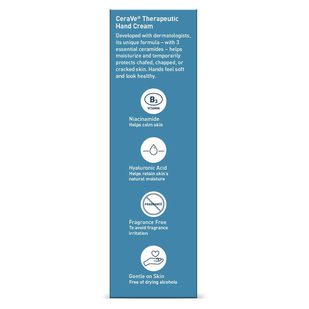 CeraVe Therapeutic Hand Cream for Dry Cracked Hands With Hyaluronic Acid and Niacinamide, Fragrance Free 3 Ounce