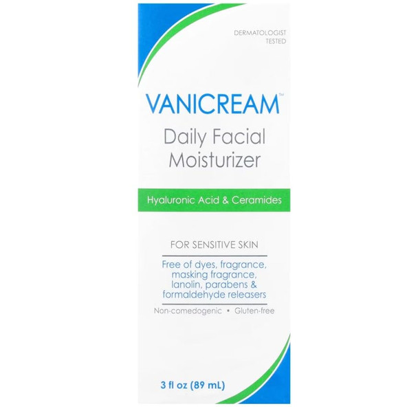 Vanicream Daily Facial Moisturizer With Ceramides and Hyaluronic Acid - Formulated Without Common Irritants for Those with Sensitive Skin, 3 fl oz (Pack of 1)
