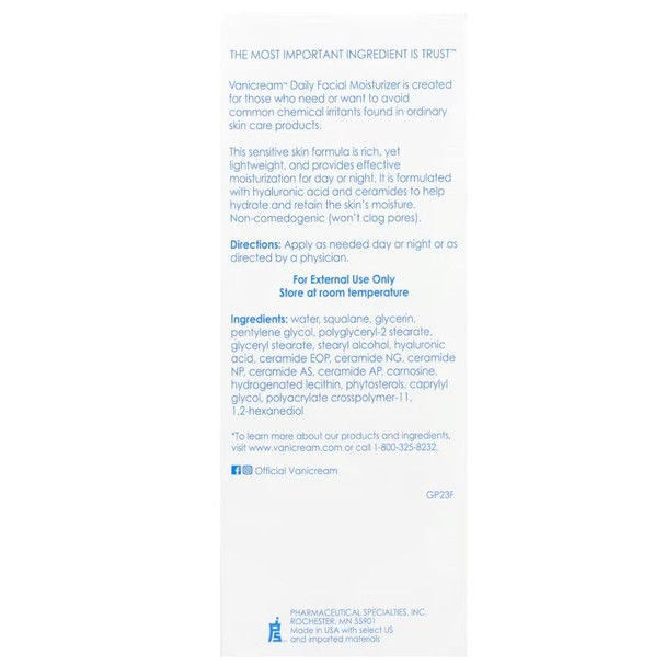 Vanicream Daily Facial Moisturizer With Ceramides and Hyaluronic Acid - Formulated Without Common Irritants for Those with Sensitive Skin, 3 fl oz (Pack of 1)