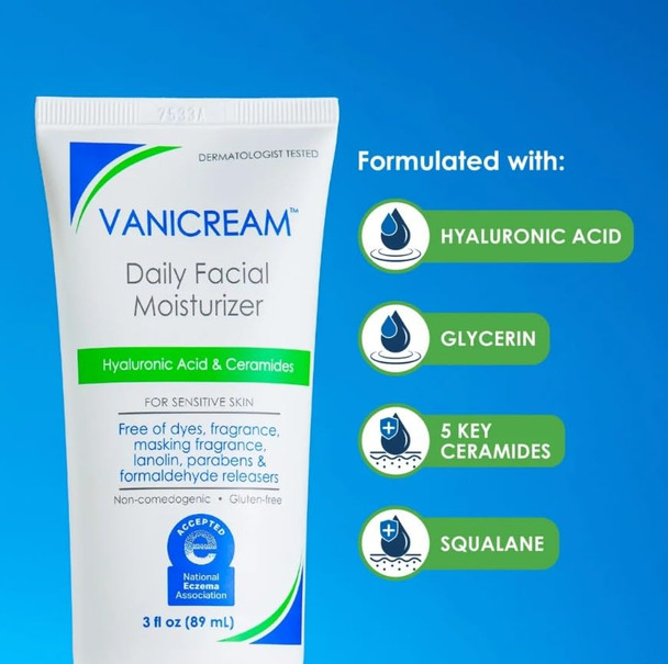 Vanicream Daily Facial Moisturizer With Ceramides and Hyaluronic Acid - Formulated Without Common Irritants for Those with Sensitive Skin, 3 fl oz (Pack of 1)