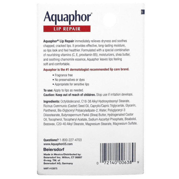 Aquaphor Lip Repair Ointment - Long-lasting Moisture to Soothe Dry Chapped Lips - .35 fl. oz. Tube