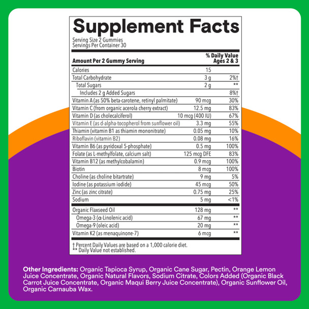 SmartyPants Organic Toddler Multivitamin Gummies: Omega 3 (ALA), Vitamin D3, C, Vitamin B12, B6, A, K & Zinc for Immune Support, Biotin, Vegetarian, Two Fruit Flavors, 60 Count (30 Day Supply)