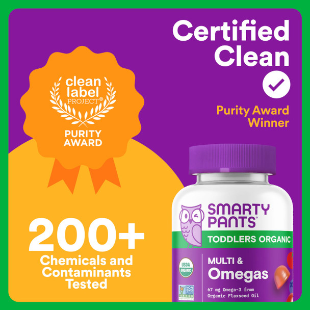 SmartyPants Organic Toddler Multivitamin Gummies: Omega 3 (ALA), Vitamin D3, C, Vitamin B12, B6, A, K & Zinc for Immune Support, Biotin, Vegetarian, Two Fruit Flavors, 60 Count (30 Day Supply)