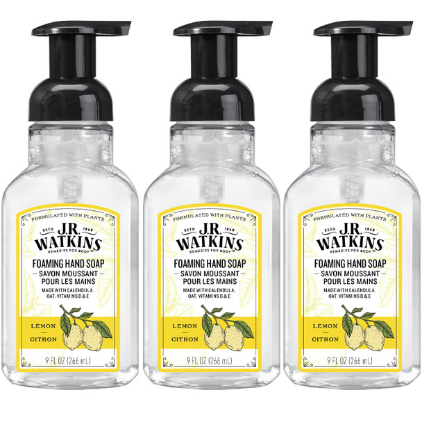 J.R. Watkins Foaming Hand Soap For Bathroom or Kitchen, Scented, Cruelty Free, 9 Fl Oz, Lemon, 3 Pack