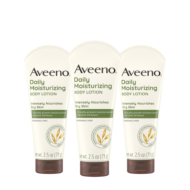 Aveeno Daily Moisturizing Body Lotion, Gentle Lotion Nourishes Dry Skin with Moisture, Sooth-ing Prebiotic Oat, Fragrance-Free, Non-Comedogenic, Travel-Size, 2.5 fl. oz, 3 Pack