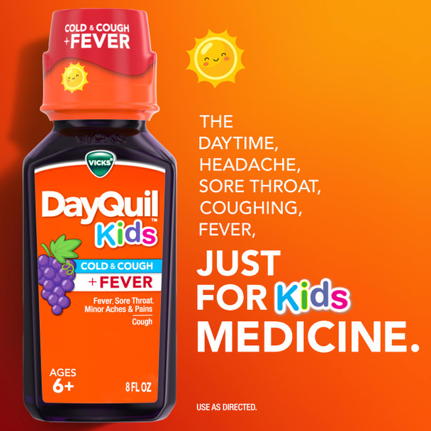 VICKS DayQuil and NyQuil Kids Grape Cold & Cough + Fever Multi-Symptom Relief Liquid Co-Pack, Specially Formulated for Kids Ages 6+, 2x8 OZ