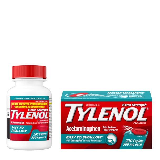Tylenol Extra Strength Easy to Swallow Acetaminophen, Pain Reliever & Fever Reducer Coated Caplets for Adults with Gentleglide Technology, 500 mg Extra Strength Acetaminophen, 200 ct