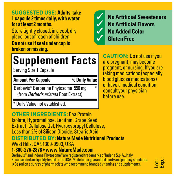 Nature Made Better Absorption Berberine Phytosome Capsules, 1100mg Per 2 Capsules Daily, Berberine Supplement for Cardiovascular Health Support, 60 Capsules, 30 Day Supply