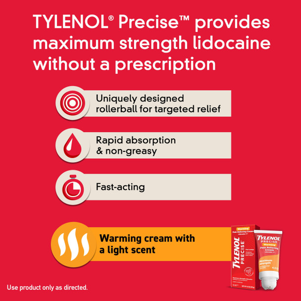 Tylenol Precise Warming Pain Relief Cream, Fast-Acting, Maximum Strength Lidocaine, 4 oz
