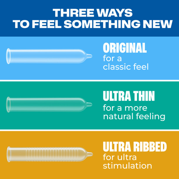 Trojan Discovery Pack, Assorted Latex Lubricated Condoms for Men, Original, Ultra Thin & Ultra Ribbed Varieties, 12 Count