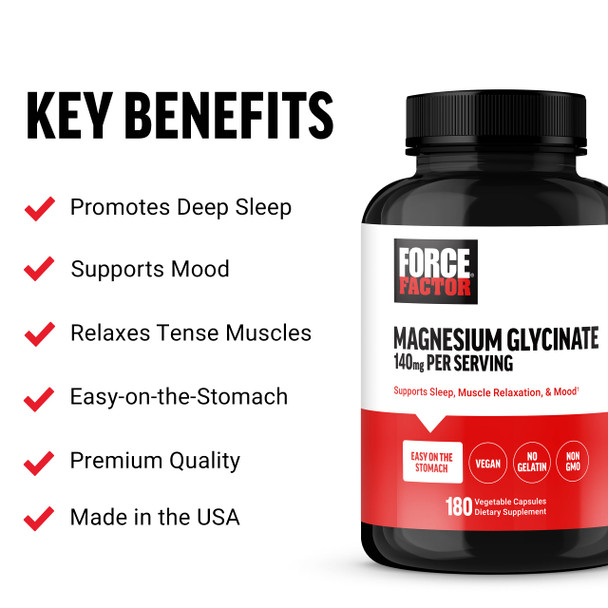 Force Factor Magnesium Glycinate, Magnesium Supplement for Women and Men to Support Sleep, Muscle Relaxation, and Mood, Easy on The Stomach, Vegan, 3-Month Supply, 180 Capsules