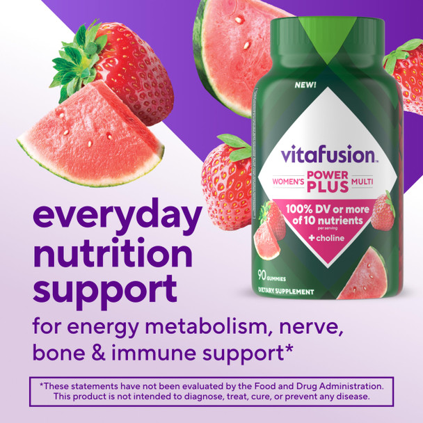 vitafusion Power Plus Womens Multivitamin Gummies, 100% Daily Value or More of 10 Nutrients, Helps Support Nerve, Energy Metabolism, Bone & Immune Health, Strawberry & Watermelon Flavor, 90 Count
