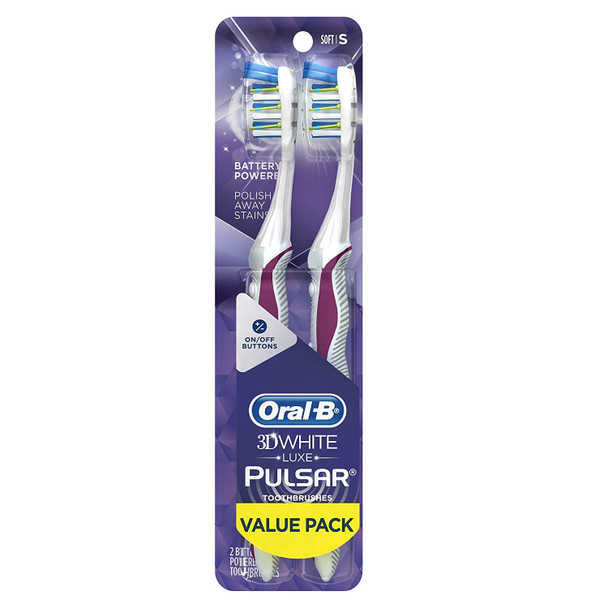 Oral-B 3D White Pulsar, Battery electric toothbrushes, 2 count SOFT toothbrush pack, removes stains, whitens teeth, travel essentials tooth brush