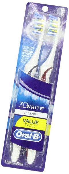 Oral-B 3D White Pulsar, Battery electric toothbrushes, 2 count SOFT toothbrush pack, removes stains, whitens teeth, travel essentials tooth brush