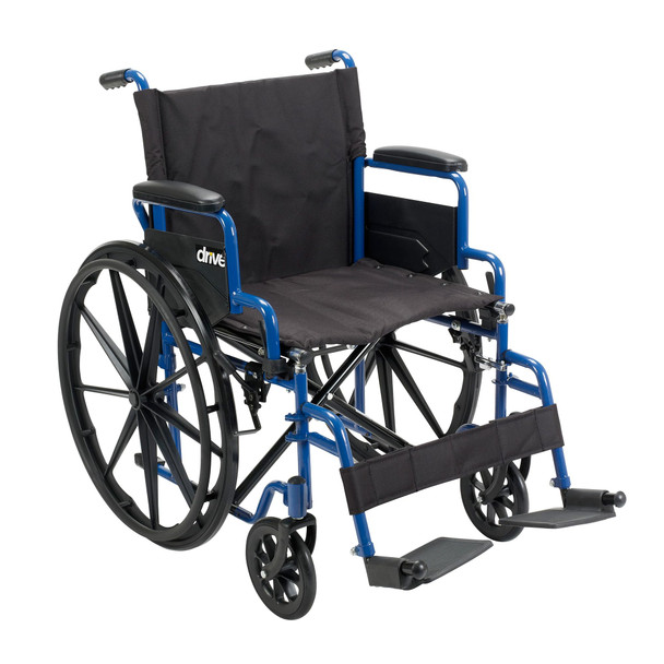 Drive Medical Blue Streak Lightweight Wheelchair - Portable Folding Mobility Aid - Swing-Away Footrests - Desk Arms - Durable Steel Frame - Easy Transport & Storage - 20-Inch Seat