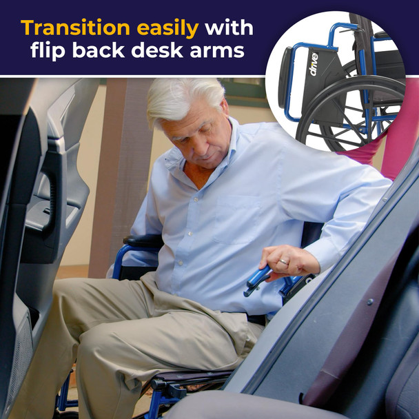 Drive Medical Blue Streak Lightweight Wheelchair - Portable Folding Mobility Aid - Swing-Away Footrests - Desk Arms - Durable Steel Frame - Easy Transport & Storage - 20-Inch Seat