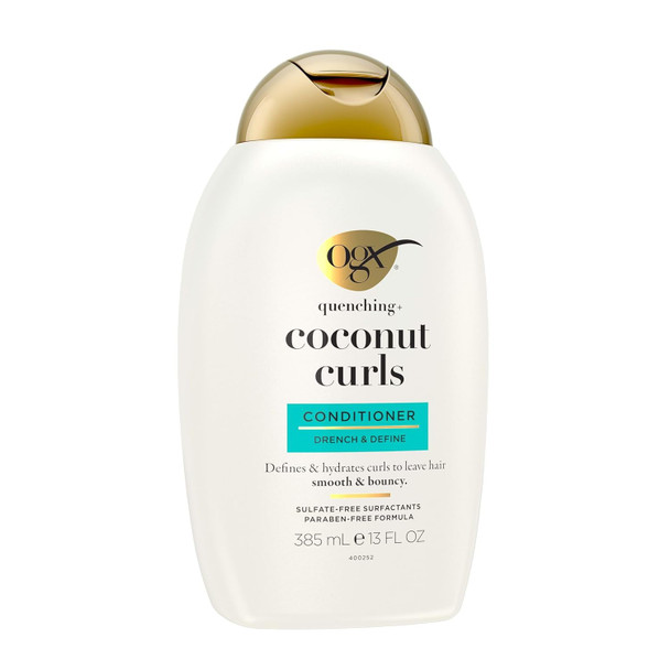 OGX Quenching + Coconut Curls Curl-Defining Conditioner, Nourishing Curly Hair Conditioner with Coconut Oil, Citrus Oil & Honey, Paraben-Free with Sulfate-Free Surfactants, 13 floz