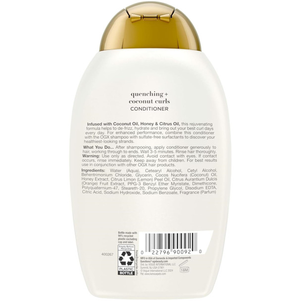 OGX Quenching + Coconut Curls Curl-Defining Conditioner, Nourishing Curly Hair Conditioner with Coconut Oil, Citrus Oil & Honey, Paraben-Free with Sulfate-Free Surfactants, 13 floz