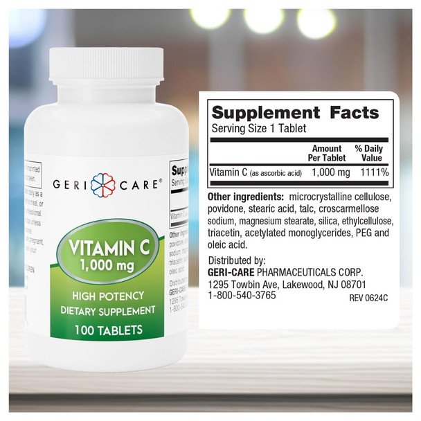 GeriCare Vitamin C 1000 mg  High Potency 100 Tablets  Supports Immune Function, Enhances Skin Care with Collagen Production, Aids in Iron Absorption, and Vascular System Health