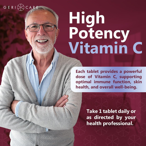 GeriCare Vitamin C 1000 mg  High Potency 100 Tablets  Supports Immune Function, Enhances Skin Care with Collagen Production, Aids in Iron Absorption, and Vascular System Health