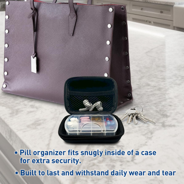 EZY DOSE Hard Sided Pocket Pharmacy Pill Case, Features Zippered Pouch, Easy to Use Design, Portable and Perfect for Daily Usage, 8-Comparments, BPA Free, Black