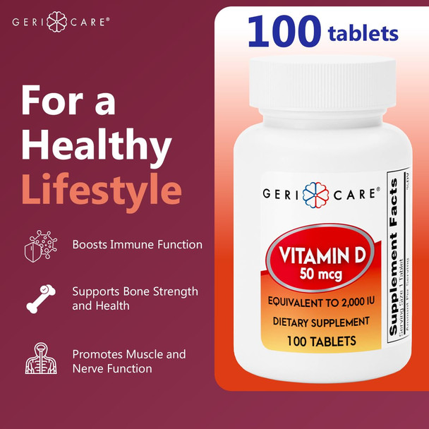 GeriCare Vitamin D 50 mcg, Essential Bone Health, Muscle Function & Immune Support  Dietary Supplement Tablets  100 Count (Pack of 1)